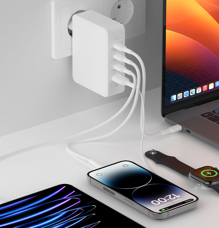 Ne ratez pas une seconde de votre journ&eacute;e avec le chargeur mural GaN 4&nbsp;ports Belkin 140&nbsp;W.