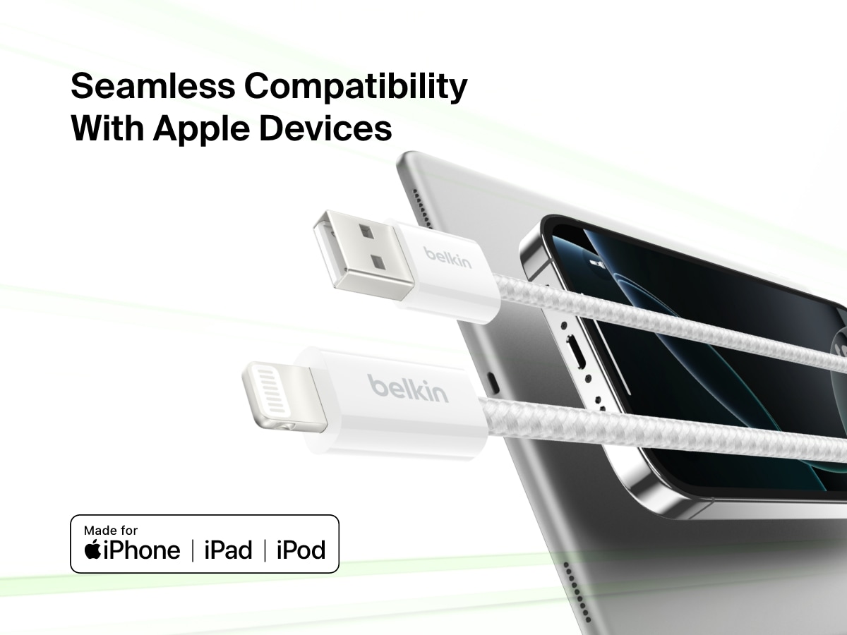 Belkin BoostCharge USB-A Cable with Lightning Connector shown alongside Apple devices, emphasizing seamless compatibility with iPhone, iPad, and iPod for reliable charging and data transfer.