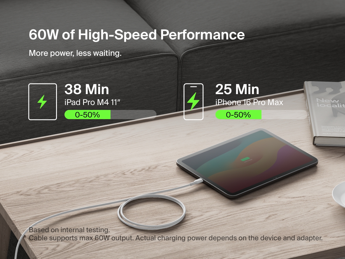 Belkin BoostCharge Pro USB-C to USB-C 브레이디드 케이블 60W를 사용하면 iPad Pro M4 11인치와 iPhone 16 Pro Max를 고속 충전하여 각각 38분과 25분 만에 50%에 도달할 수 있습니다.