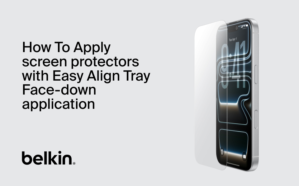 Belkin promotional image showing how to apply a screen protector with the Easy Align Tray face-down application. The graphic includes text instructions on the left and an iPhone on the right with a screen protector aligned above it.