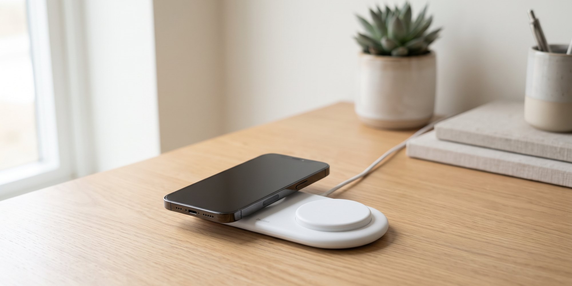 An iPhone lying on a white Belkin 2-in-1 magnetic charging pad on a light wood desk, next to a small succulent
