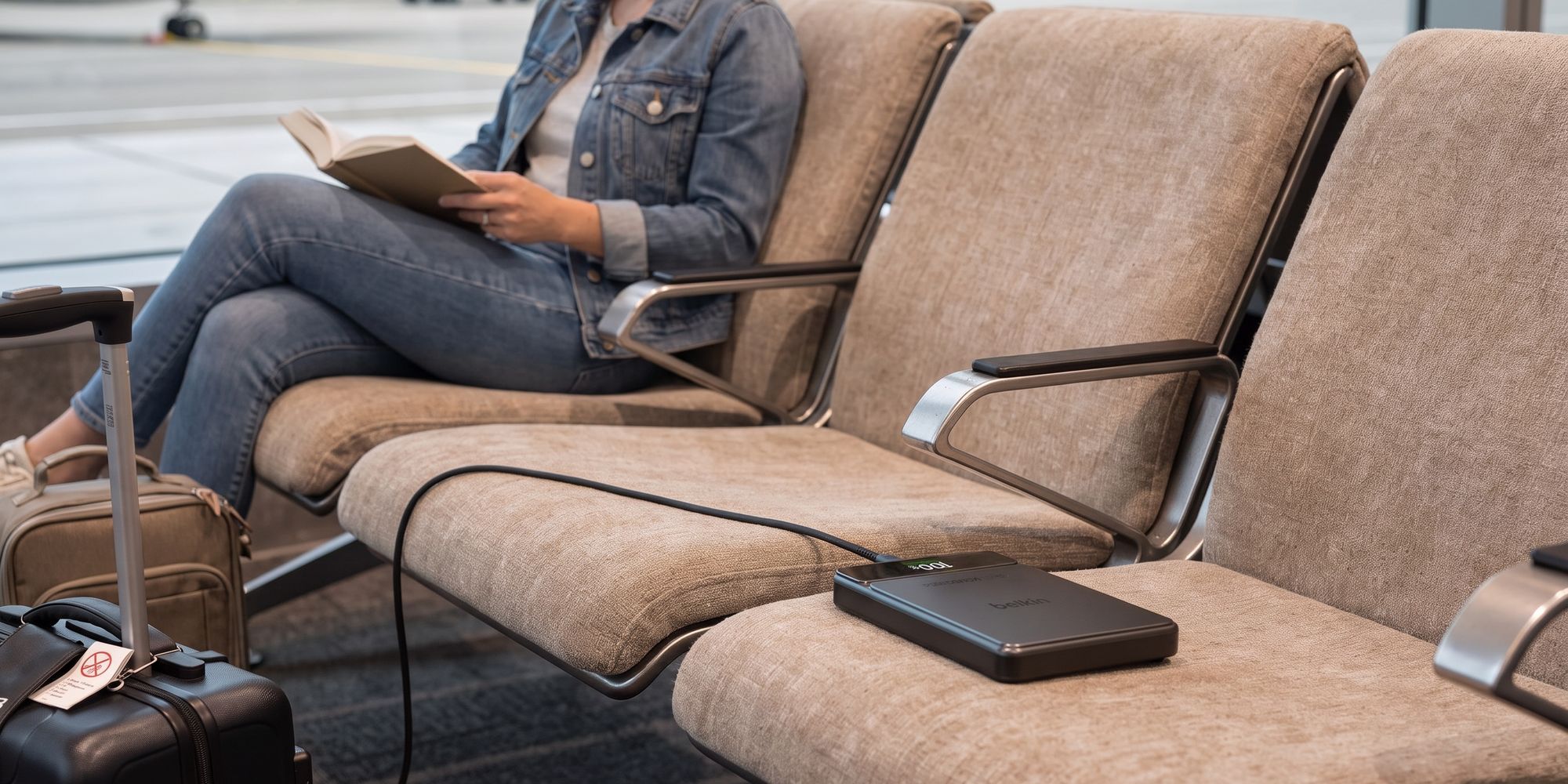 A Belkin power bank showing 100% sits on an airport gate seat while a traveler in a denim jacket reads a book two seats over