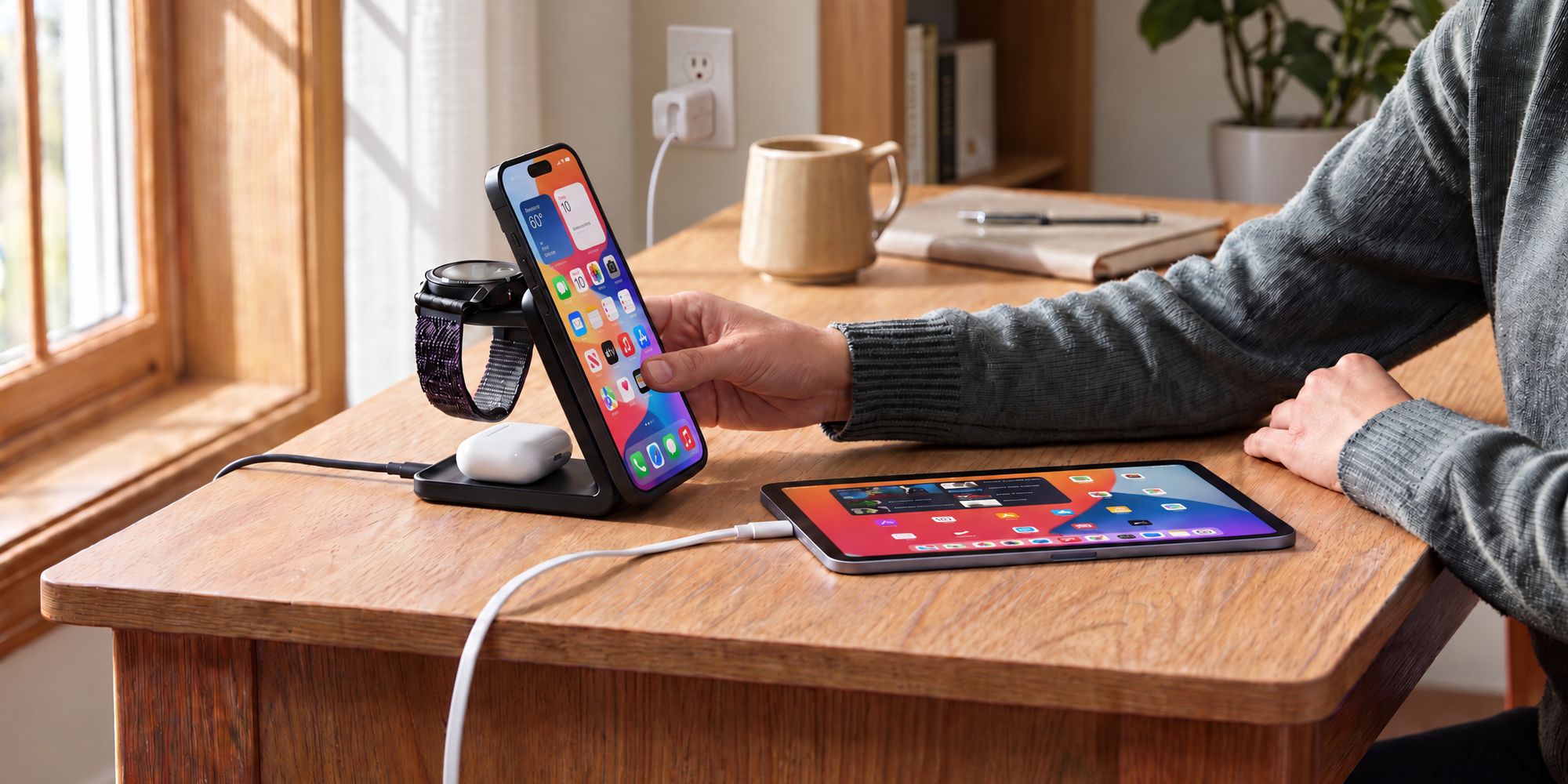 A person reaches for a phone on a Belkin 3-in-1 magnetic charging stand that also charges a watch and earbuds, beside a tablet charging from a white USB-C cable on a wooden desk