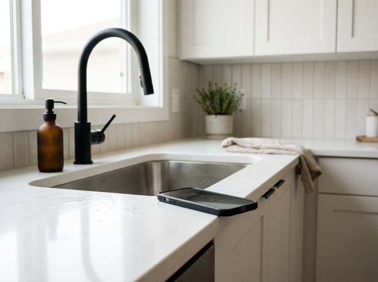 A phone resting face down on a wet kitchen counter with one corner past the edge