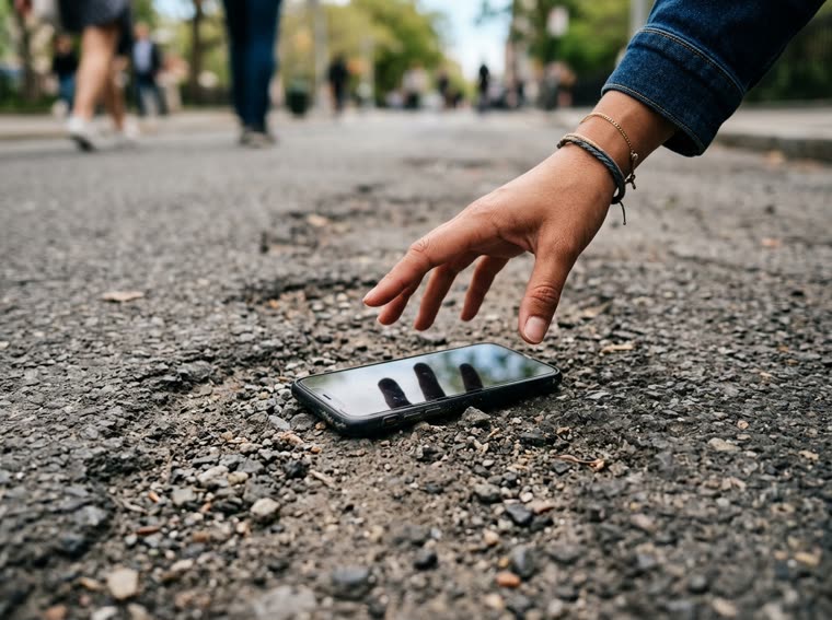 A phone dropped on rough pavement with a hand reaching for it