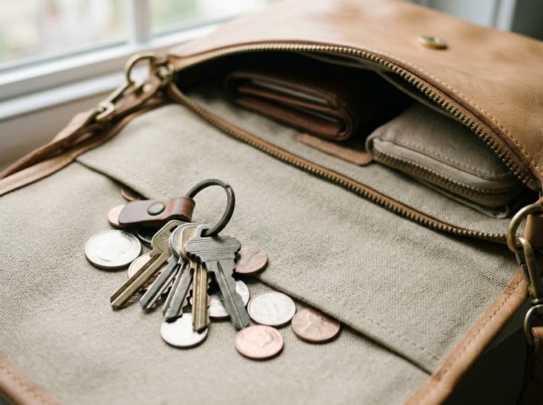 An open handbag with a set of metal keys and loose coins in the lining