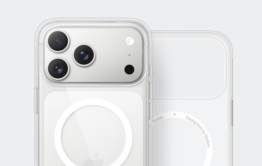 A clear Belkin case on an iPhone 18 Pro Max, showing the camera and the MagSafe ring through the back