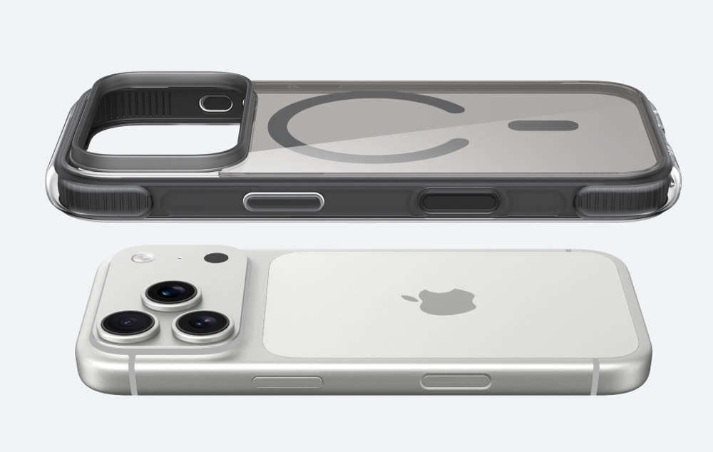 The Protect+ Series case on an iPhone 18 Pro Max, showing its cushioned corners and raised camera edge