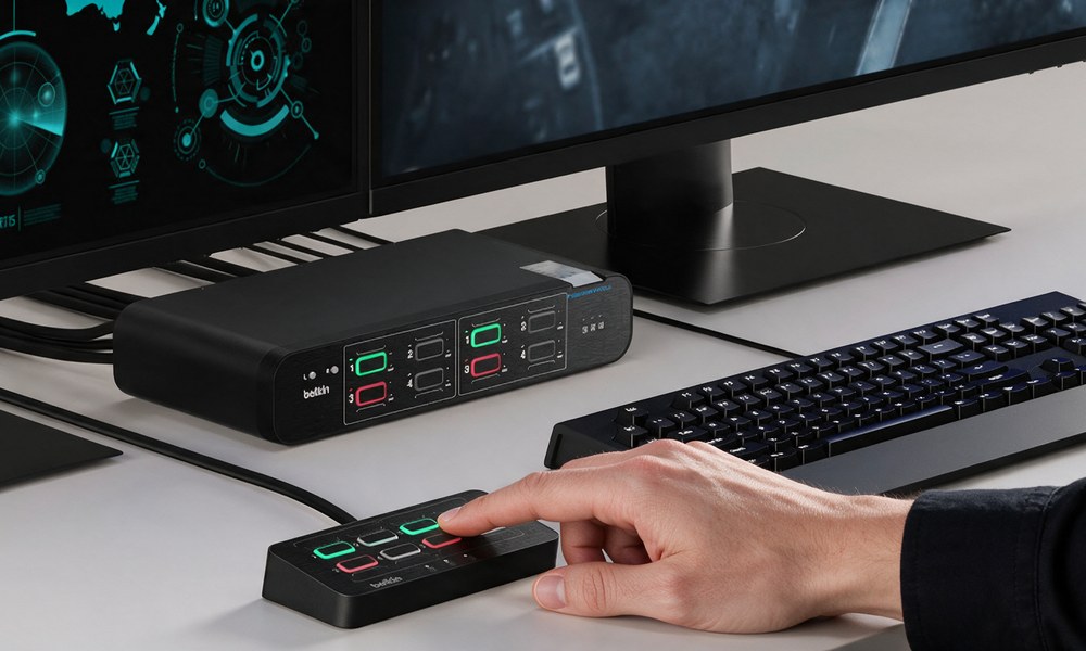 A hand pressing a channel button   on the desktop remote control pad of a Belkin DuoClave KVM switch, with the switch, two monitors and a keyboard on the desk behind it and red and green indicators showing the two isolated network channels