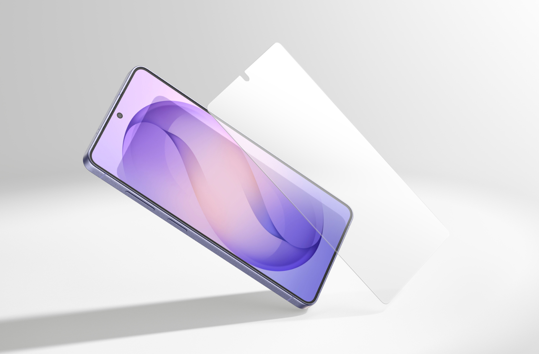 Angled smartphone with a transparent screen protector floating just above the display, illustrating precise alignment and full-screen protection.