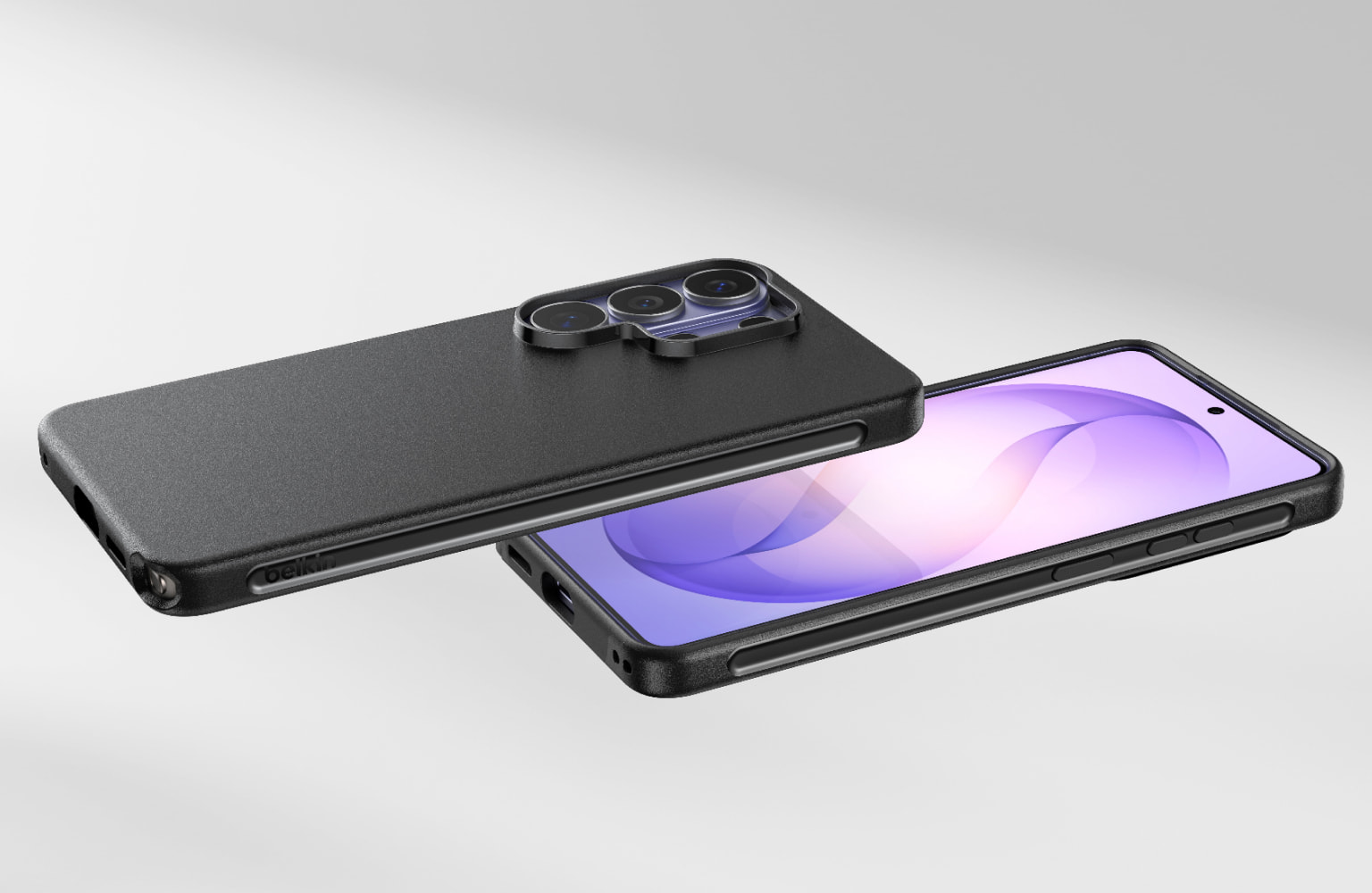 Two smartphones shown partially separated, one face down and one face up, both in slim black protective cases, highlighting full device coverage and camera protection.