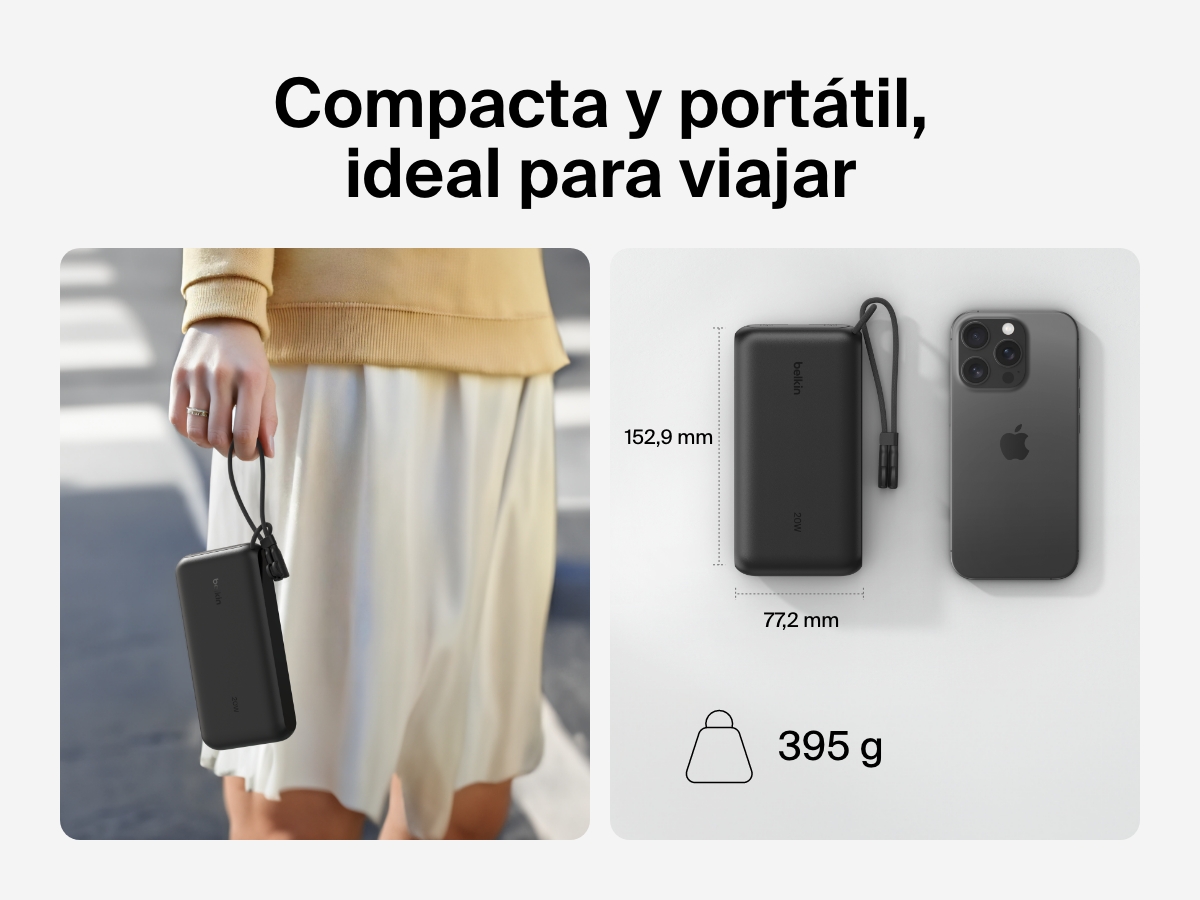 Se muestra la bater&iacute;a externa 20K con pantalla BoostCharge de Belkin en una mano y junto a un smartphone para hacer hincapi&eacute; en su dise&ntilde;o compacto y port&aacute;til, ideal para viajar (dimensiones: 6,02 x 3,04 pulgadas y 395 gramos de peso).