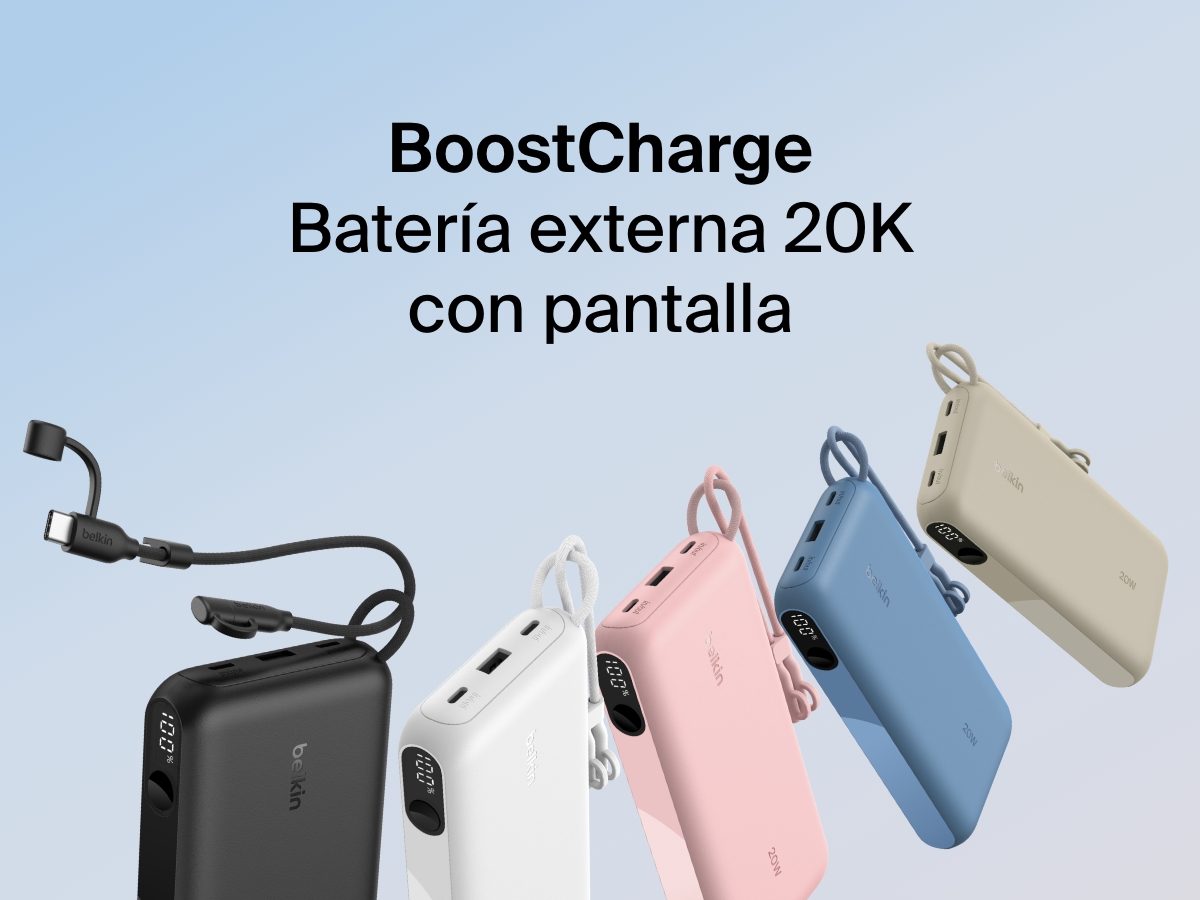 La bater&iacute;a externa 20K con pantalla BoostCharge de Belkin en los distintos colores en los que est&aacute; disponible: negro, blanco, rosa, azul y arena. Posee dos puertos, un cable USB-C integrado y una pantalla LED para monitorizar la capacidad restante.