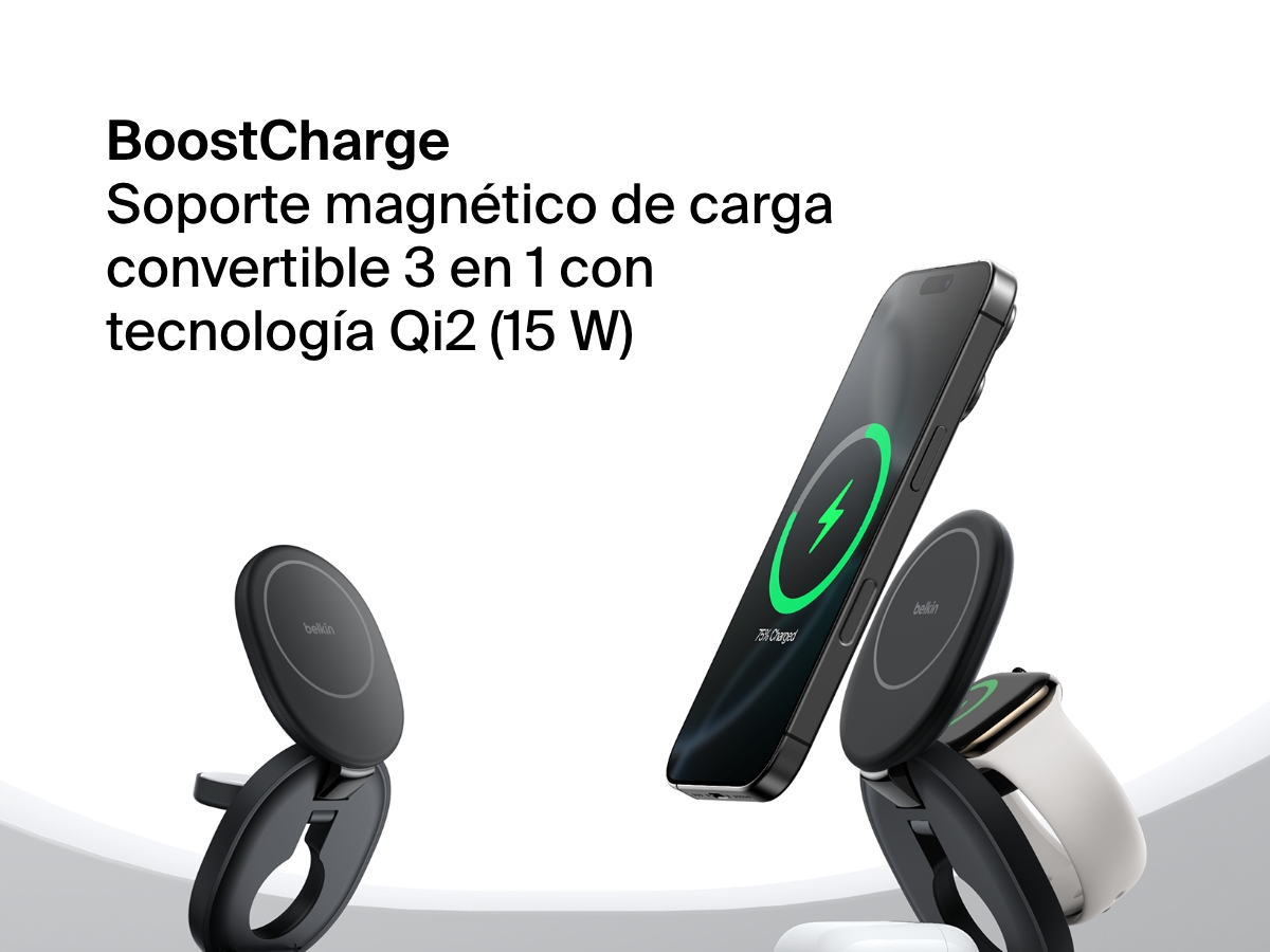 El soporte magn&eacute;tico de carga compacto 3 en 1 BoostCharge de Belkin cargando un iPhone, un Apple Watch y unos AirPods con carga r&aacute;pida inal&aacute;mbrica Qi2 de 15 W.