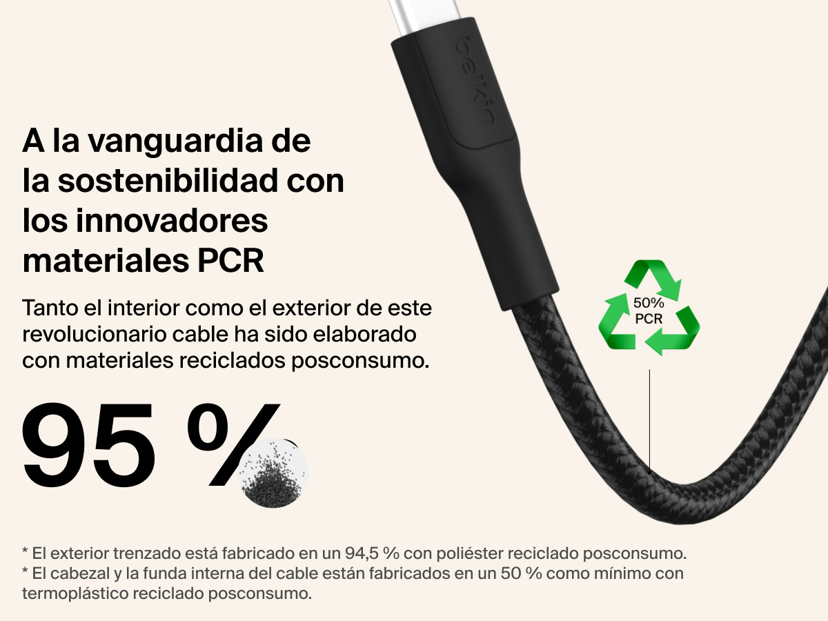 El cable USB-C a USB-C (60 W) de Belkin Gaming para Nintendo Switch 2 ha sido fabricado de forma sostenible con hasta un 95 % de materiales reciclados posconsumo, incluyendo componentes de poli&eacute;ster trenzado y termopl&aacute;stico.