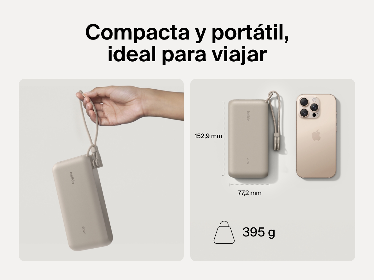 Se muestra la bater&iacute;a externa 20K con pantalla BoostCharge de Belkin en una mano y junto a un smartphone para hacer hincapi&eacute; en su dise&ntilde;o compacto y port&aacute;til, ideal para viajar (dimensiones: 6,02 x 3,04 pulgadas y 395 gramos de peso).