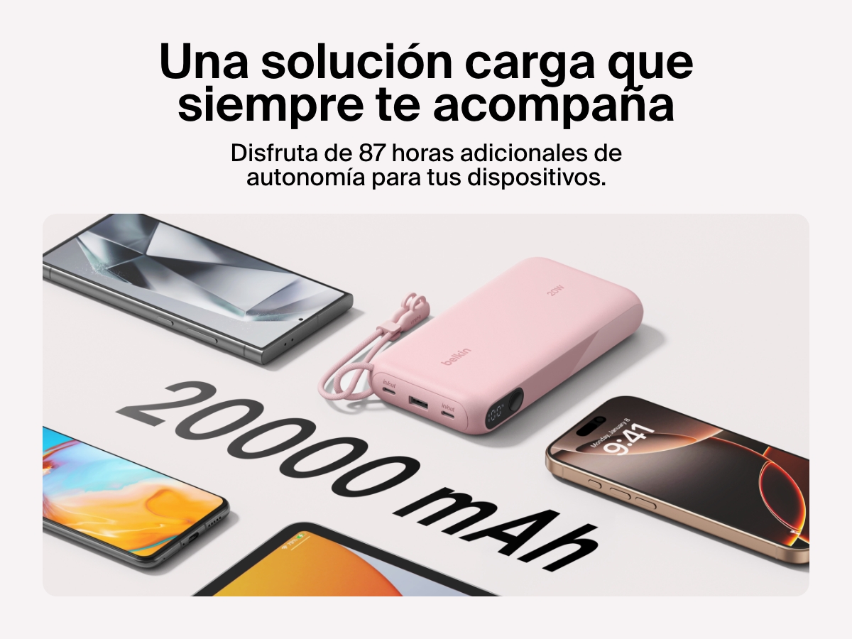 La bater&iacute;a externa 20K con pantalla BoostCharge de Belkin proporcionando hasta 87 horas adicionales de autonom&iacute;a con una capacidad de 20 000 mAh. Cuenta con un dise&ntilde;o compacto y un cable USB-C extra&iacute;ble para cargar sobre la marcha en cualquier sitio.