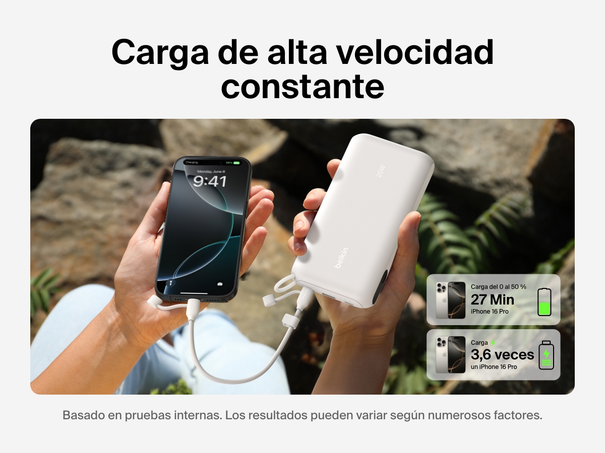 Se muestra la bater&iacute;a externa 20K con pantalla BoostCharge de Belkin recargando por cara r&aacute;pida un iPhone 16 Pro, del 0 al 50 % en 27 minutos. Proporciona hasta 3,6 cargas completas al m&oacute;vil en una soluci&oacute;n de alimentaci&oacute;n port&aacute;til ideal.