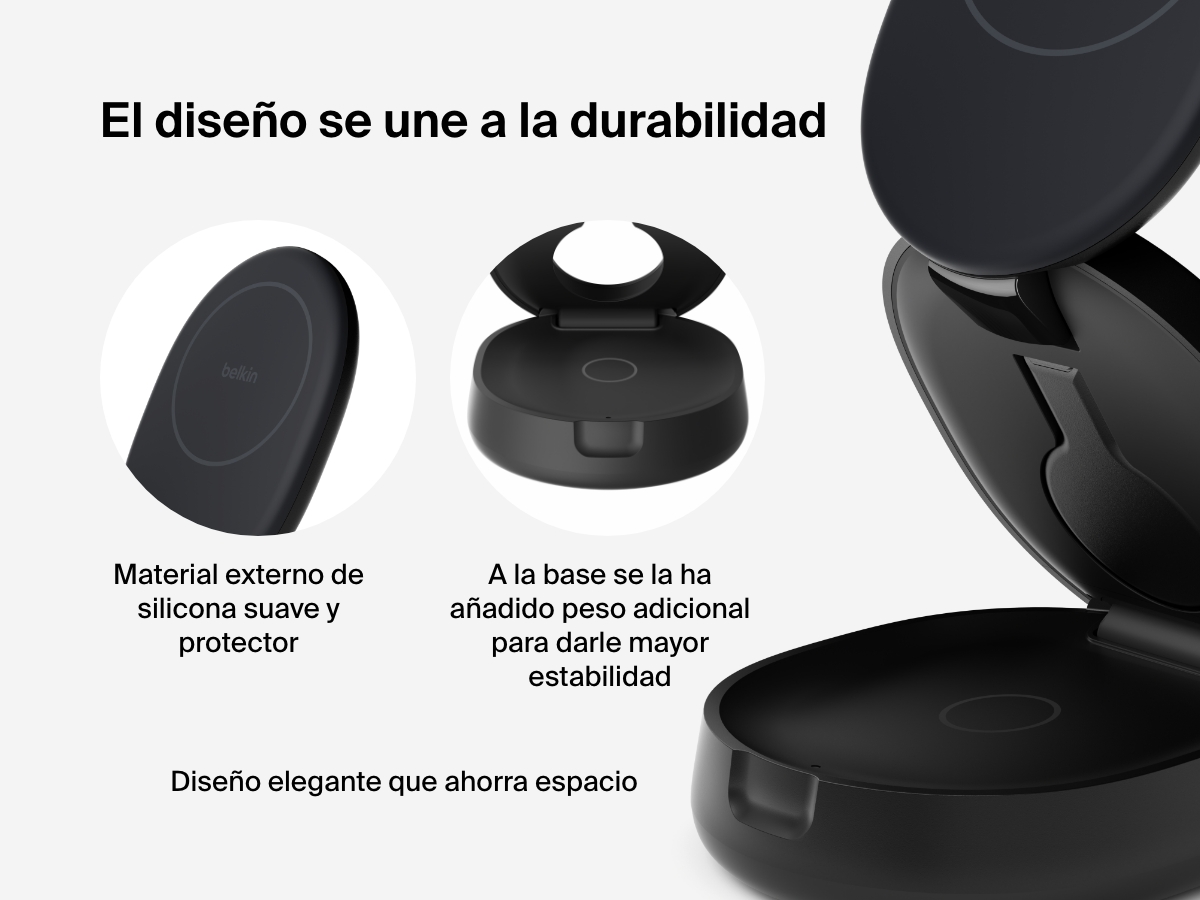 Se realza la superficie suave de silicona, la base con peso adicional para mayor estabilidad y el dise&ntilde;o elegante plegable que ahorra espacio del soporte magn&eacute;tico de carga compacto 3 en 1 BoostCharge de Belkin 