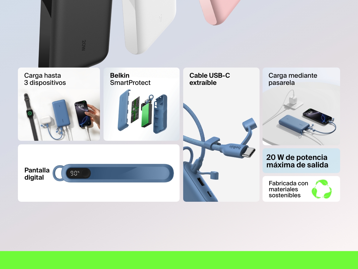 Vista general de las caracter&iacute;sticas de la bater&iacute;a externa 20K con pantalla BoostCharge de Belkin, como la potencia de salida de 20 W, la capacidad de cargar hasta 3 dispositivos, el est&aacute;ndar de seguridad SmartProtect, la carga por pasarela, el cable USB-C extra&iacute;ble y los materiales sostenibles utilizados en su fabricaci&oacute;n.