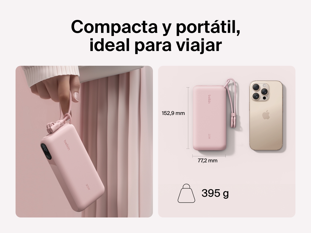 Se muestra la bater&iacute;a externa 20K con pantalla BoostCharge de Belkin en una mano y junto a un smartphone para hacer hincapi&eacute; en su dise&ntilde;o compacto y port&aacute;til, ideal para viajar (dimensiones: 6,02 x 3,04 pulgadas y 395 gramos de peso).