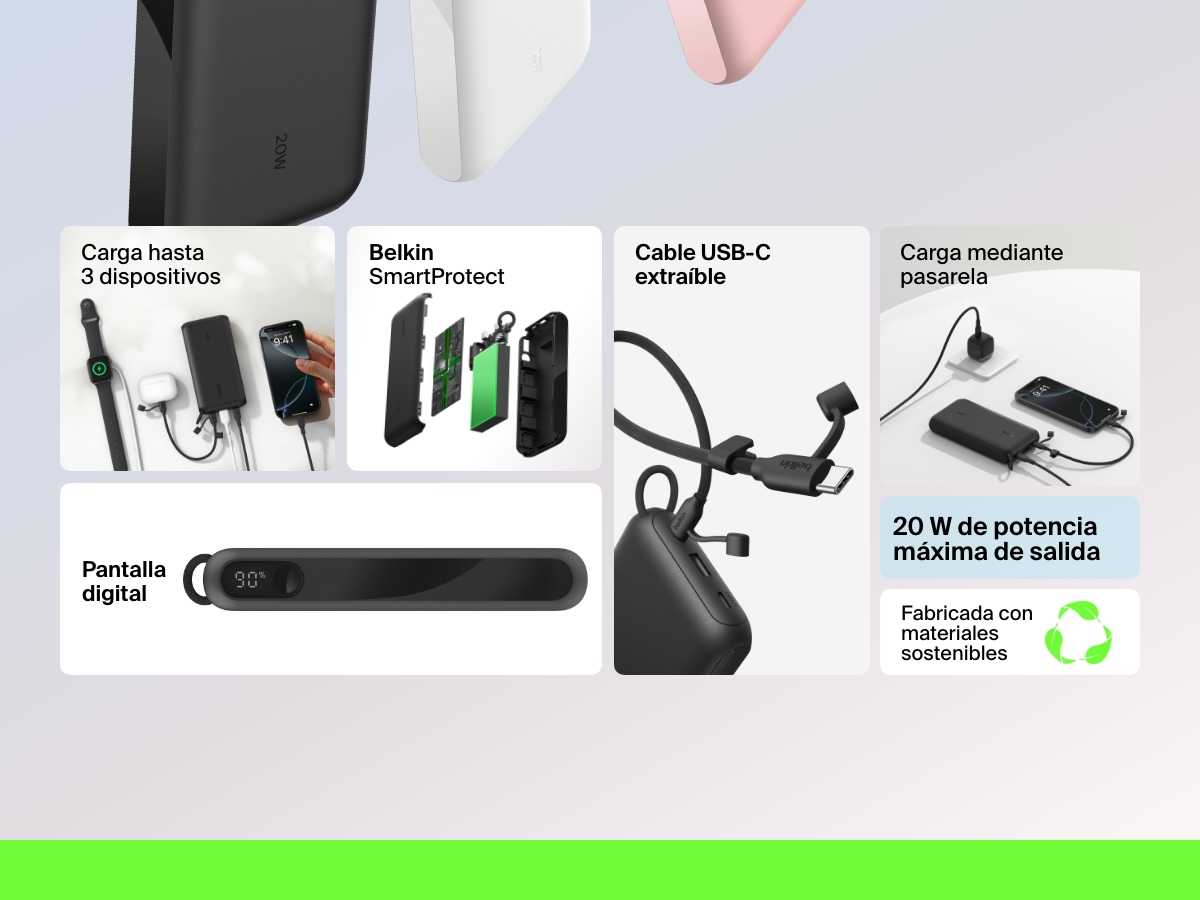 Vista general de las caracter&iacute;sticas de la bater&iacute;a externa 20K con pantalla BoostCharge de Belkin, como la potencia de salida de 20 W, la capacidad de cargar hasta 3 dispositivos, el est&aacute;ndar de seguridad SmartProtect, la carga por pasarela, el cable USB-C extra&iacute;ble y los materiales sostenibles utilizados en su fabricaci&oacute;n.