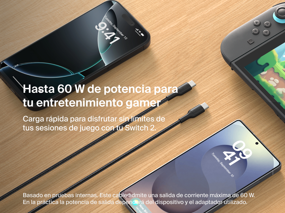 Este cable USB-C a USB-C (60 W) de Belkin Gaming proporciona carga r&aacute;pida para Nintendo Switch 2, smartphones y otros aparatos de videojuegos con USB-C, suministrando una potencia m&aacute;xima de 60 W.  