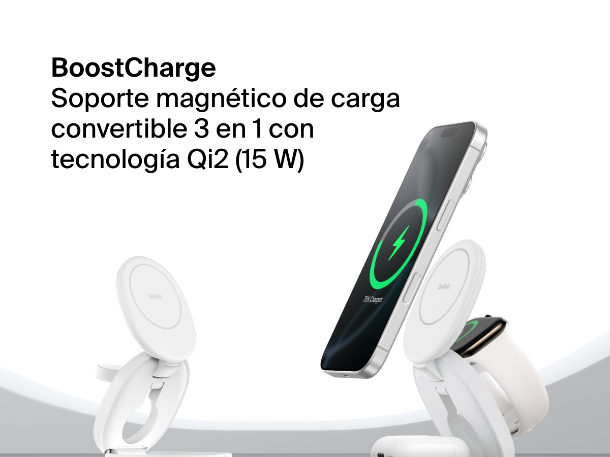 El soporte magn&eacute;tico de carga compacto 3 en 1 BoostCharge de Belkin cargando un iPhone, un Apple Watch y unos AirPods con carga r&aacute;pida inal&aacute;mbrica Qi2 de 15 W.