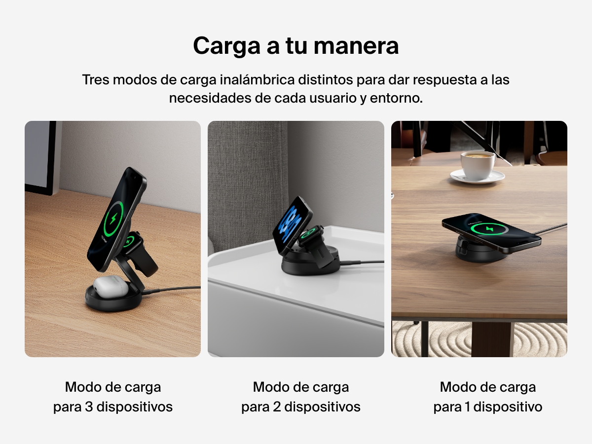 Se muestran los tres modos de carga del soporte magn&eacute;tico de carga compacto 3 en 1 BoostCharge de Belkin: cargando 3 dispositivos, 2 dispositivos o 1 dispositivo. Esta vers&aacute;til soluci&oacute;n de carga ofrece una flexibilidad m&aacute;xima para cualquier entorno e instalaci&oacute;n.