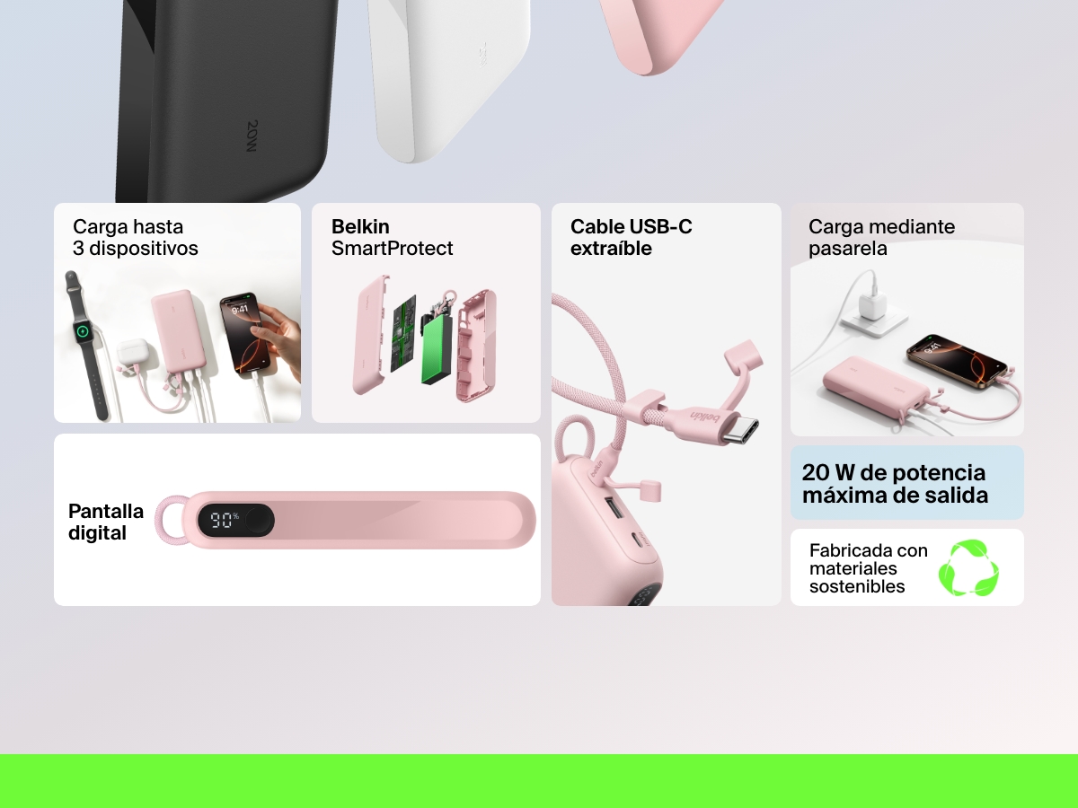 Vista general de las caracter&iacute;sticas de la bater&iacute;a externa 20K con pantalla BoostCharge de Belkin, como la potencia de salida de 20 W, la capacidad de cargar hasta 3 dispositivos, el est&aacute;ndar de seguridad SmartProtect, la carga por pasarela, el cable USB-C extra&iacute;ble y los materiales sostenibles utilizados en su fabricaci&oacute;n.
