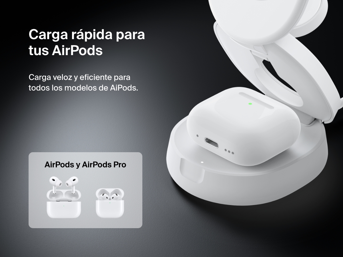 El soporte magn&eacute;tico de carga compacto 3 en 1 BoostCharge de Belkin cargando inal&aacute;mbricamente unos AirPods. Es compatible con todos los modelos de AirPods y AirPods Pro.