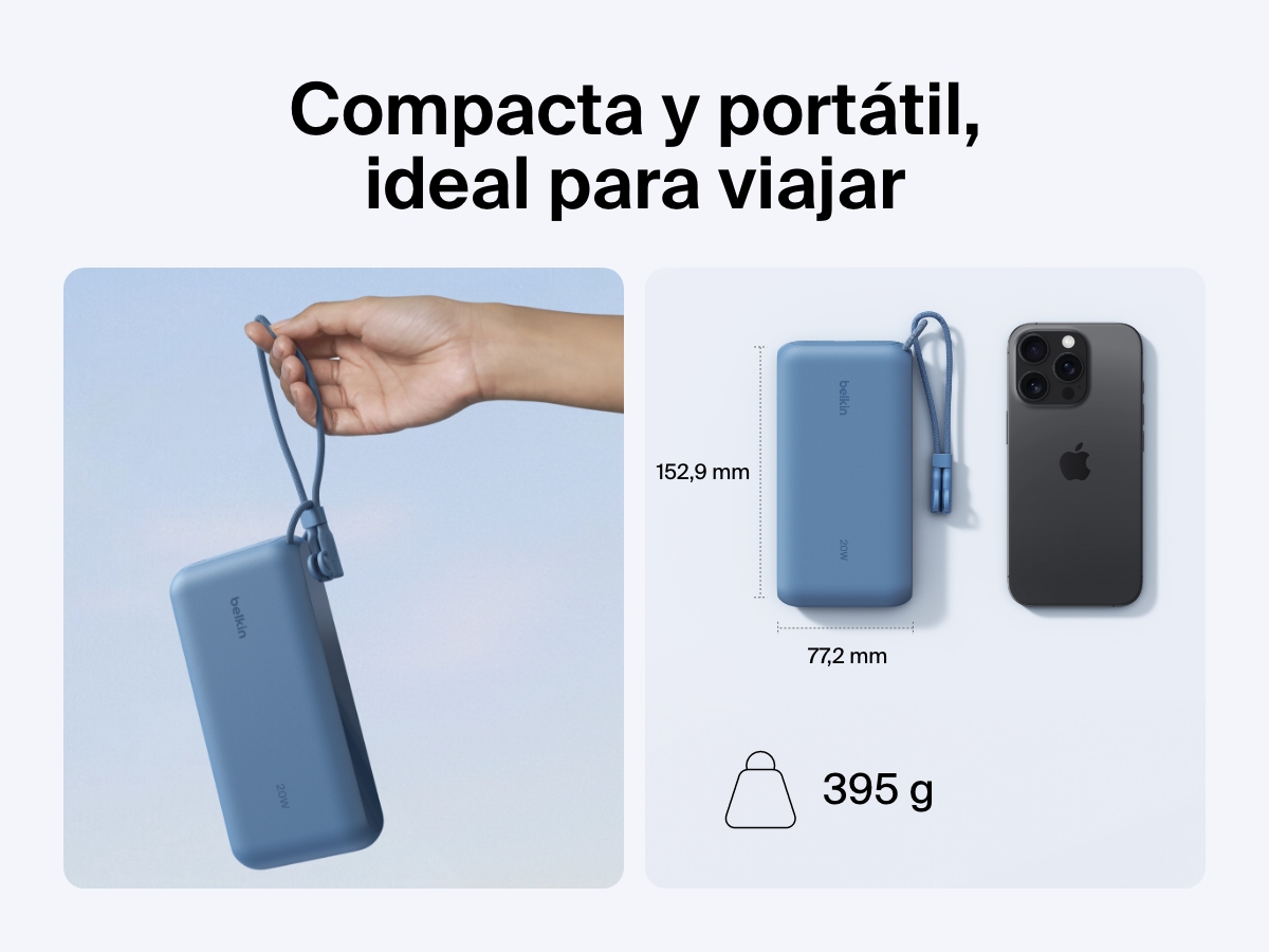 Se muestra la bater&iacute;a externa 20K con pantalla BoostCharge de Belkin en una mano y junto a un smartphone para hacer hincapi&eacute; en su dise&ntilde;o compacto y port&aacute;til, ideal para viajar (dimensiones: 6,02 x 3,04 pulgadas y 395 gramos de peso).