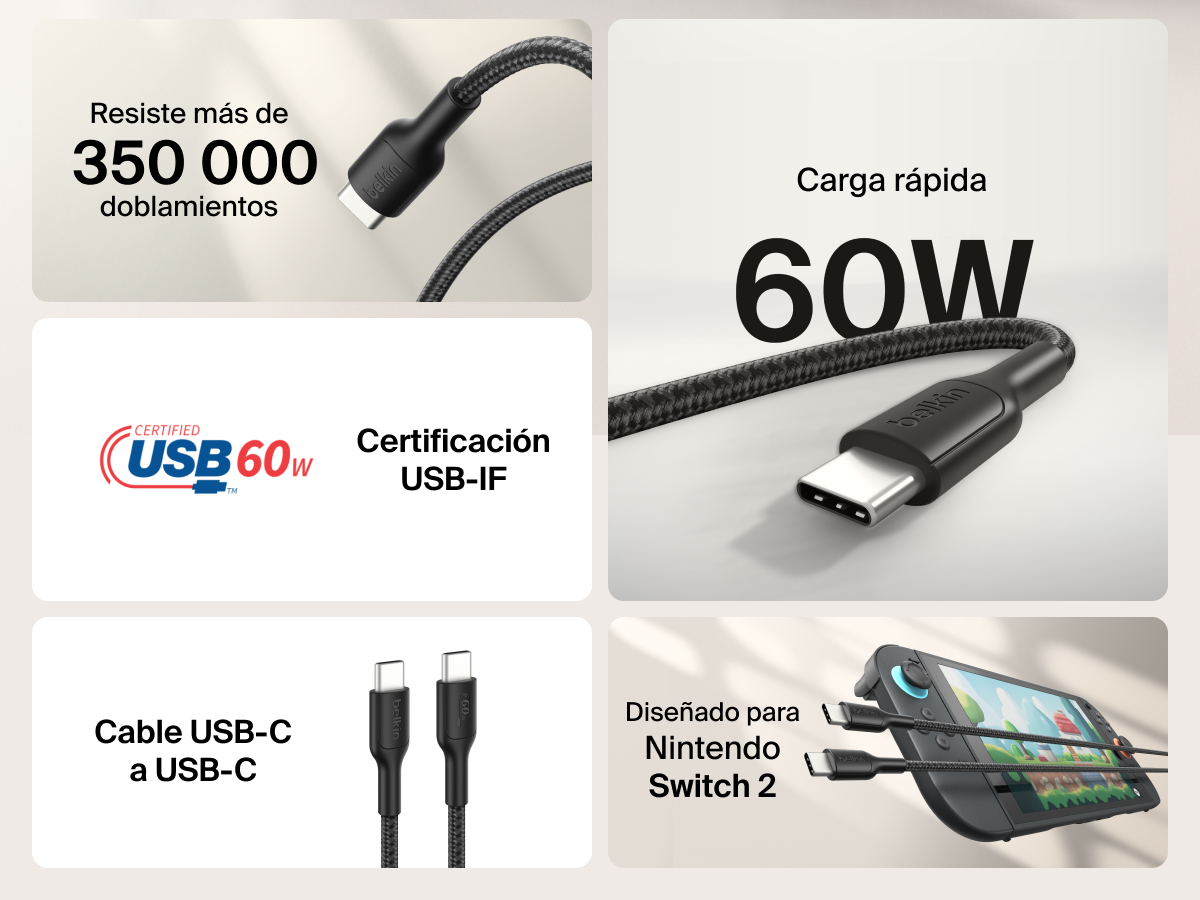 El cable USB-C a USB-C (60 W) de Belkin Gaming proporciona carga r&aacute;pida al Nintendo Switch 2. Asimismo, cuenta con certificaci&oacute;n USB-IF y puede aguantar m&aacute;s 350 000 doblamientos. 
