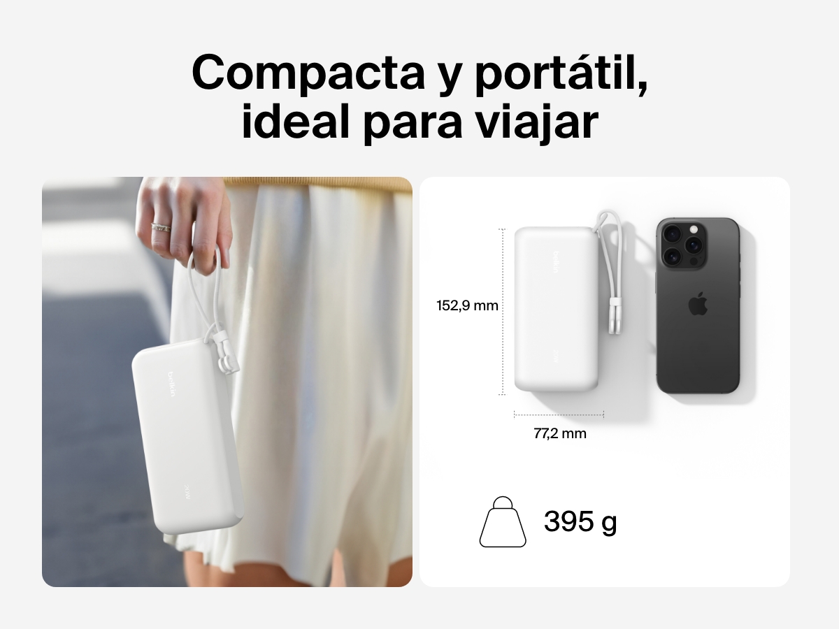 Se muestra la bater&iacute;a externa 20K con pantalla BoostCharge de Belkin en una mano y junto a un smartphone para hacer hincapi&eacute; en su dise&ntilde;o compacto y port&aacute;til, ideal para viajar (dimensiones: 6,02 x 3,04 pulgadas y 395 gramos de peso).