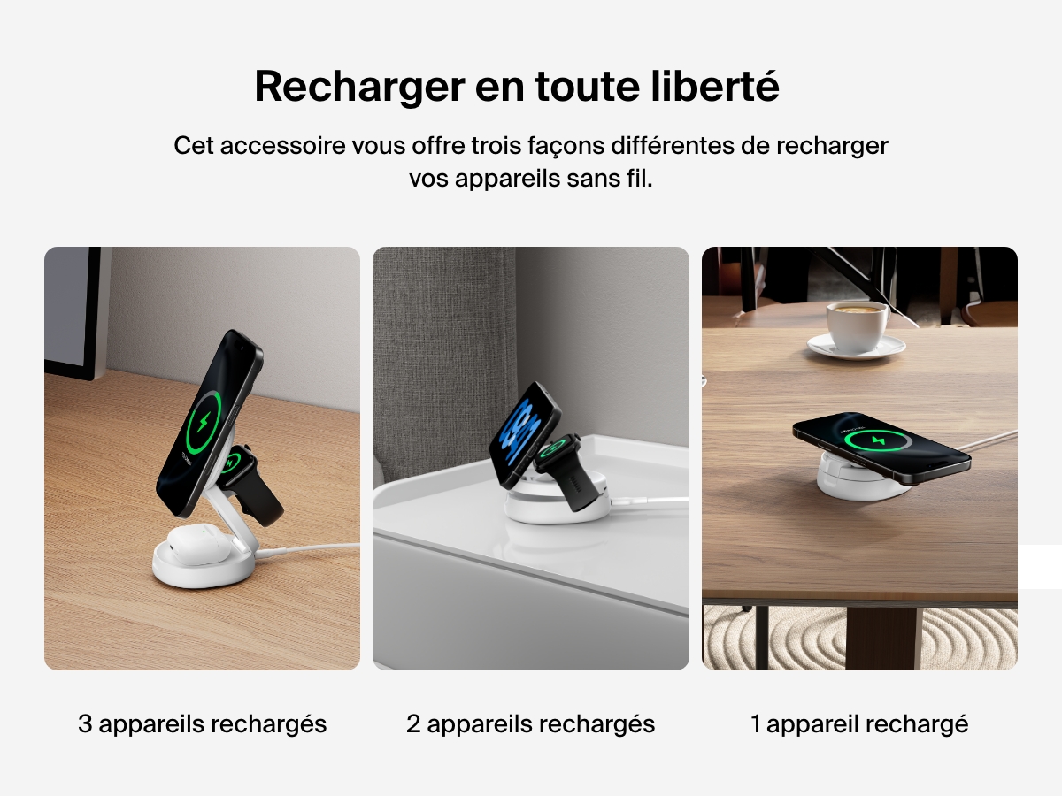 Image d'un socle de recharge 3-en-1 aimant&eacute; et compacte Belkin BoostCharge dans 3 cas d'utilisations diff&eacute;rents ( recharge de 3&nbsp;appareils, de 2&nbsp;appareils et de 1&nbsp;appareil) pour mettre en avant le c&ocirc;t&eacute; polyvalent du produit.