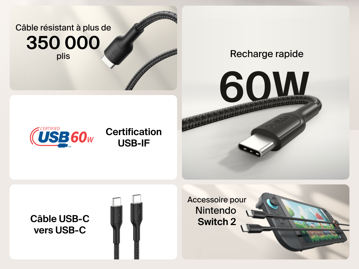 Certifi&eacute; USB-IF et r&eacute;sistant &agrave; plus de 350&nbsp;000&nbsp;plis, ce c&acirc;ble USB-C vers USB-C Belkin Gaming (60&nbsp;W) offre une recharge rapide pour la Nintendo&nbsp;Switch&nbsp;2.