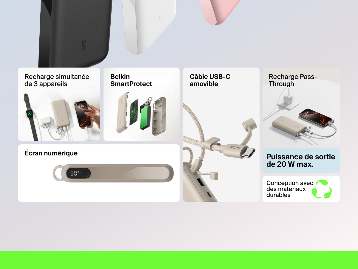 Vue d&rsquo;ensemble des caract&eacute;ristiques de la batterie externe 20K Belkin BoostCharge avec &eacute;cran int&eacute;gr&eacute; qui met en avant sa puissance de sortie de 20&nbsp;W max., sa capacit&eacute; &agrave; recharger jusqu&rsquo;&agrave; trois&nbsp;appareils en simultan&eacute;, sa technologie int&eacute;gr&eacute;e SmartProtect, sa fonction de recharge Pass-Through, son c&acirc;ble USB-C amovible et son rev&ecirc;tement compos&eacute; de mat&eacute;riaux durables.