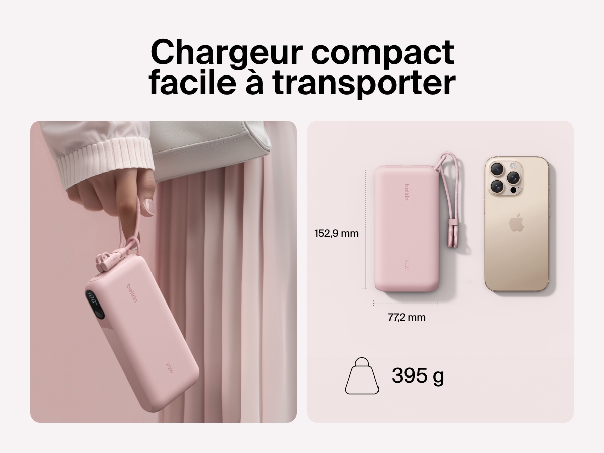 Image d'une batterie externe 20K Belkin BoostCharge avec &eacute;cran int&eacute;gr&eacute; tenue dans une main  se trouvant &agrave; c&ocirc;t&eacute; d'un smartphone pour mettre en avant son design compact et portable avec des dimensions de 15,2&nbsp;cm x 7,7&nbsp;cm et un poids de 395&nbsp;g.