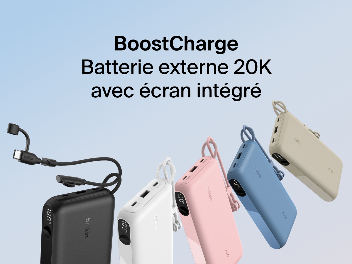 Image d'une batterie externe 20K Belkin BoostCharge avec &eacute;cran int&eacute;gr&eacute; pr&eacute;sent&eacute;e en noir, blanc, rose, bleu et beige, avec deux&nbsp;ports, un&nbsp;c&acirc;ble USB-C int&eacute;gr&eacute; et un &eacute;cran LED indiquant le niveau de charge restante.