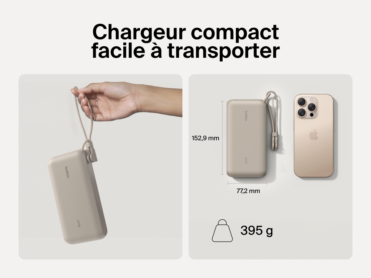Image d'une batterie externe 20K Belkin BoostCharge avec &eacute;cran int&eacute;gr&eacute; tenue dans une main  se trouvant &agrave; c&ocirc;t&eacute; d'un smartphone pour mettre en avant son design compact et portable avec des dimensions de 15,2&nbsp;cm x 7,7&nbsp;cm et un poids de 395&nbsp;g.