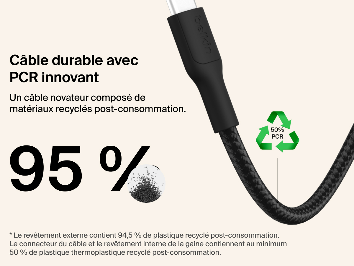 Le c&acirc;ble USB-C vers USB-C Belkin Gaming (60&nbsp;W) pour Nintendo&nbsp;Switch&nbsp;2 est compos&eacute; de mat&eacute;riaux recycl&eacute;s post-consommation (jusqu'&agrave; 95&nbsp;%) d'une gaine tress&eacute;e en polyester et de composants thermoplastiques.