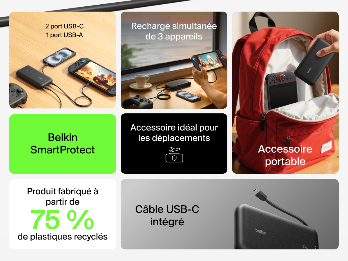 Dot&eacute;e d'un c&acirc;ble USB-C int&eacute;gr&eacute; et &eacute;quip&eacute;e de la technologie SmartProtect, la batterie externe 20K Belkin Gaming (30&nbsp;W) pour Nintendo&nbsp;Switch&nbsp;2 recharge jusqu'&agrave; trois&nbsp;appareils.