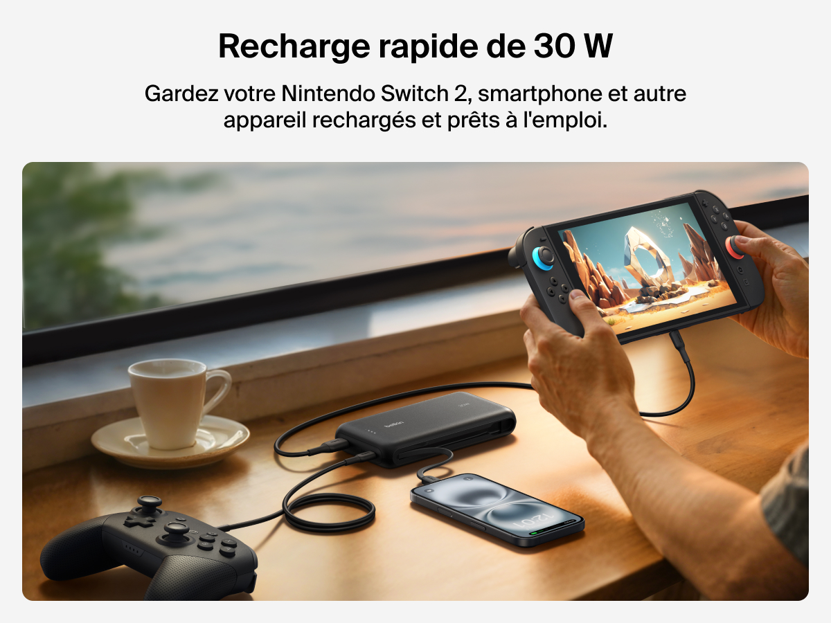 La batterie externe 20K Belkin Gaming (30&nbsp;W) offre une recharge rapide pour la Nintendo&nbsp;Switch&nbsp;2, un smartphone ou autre accessoire de jeu.