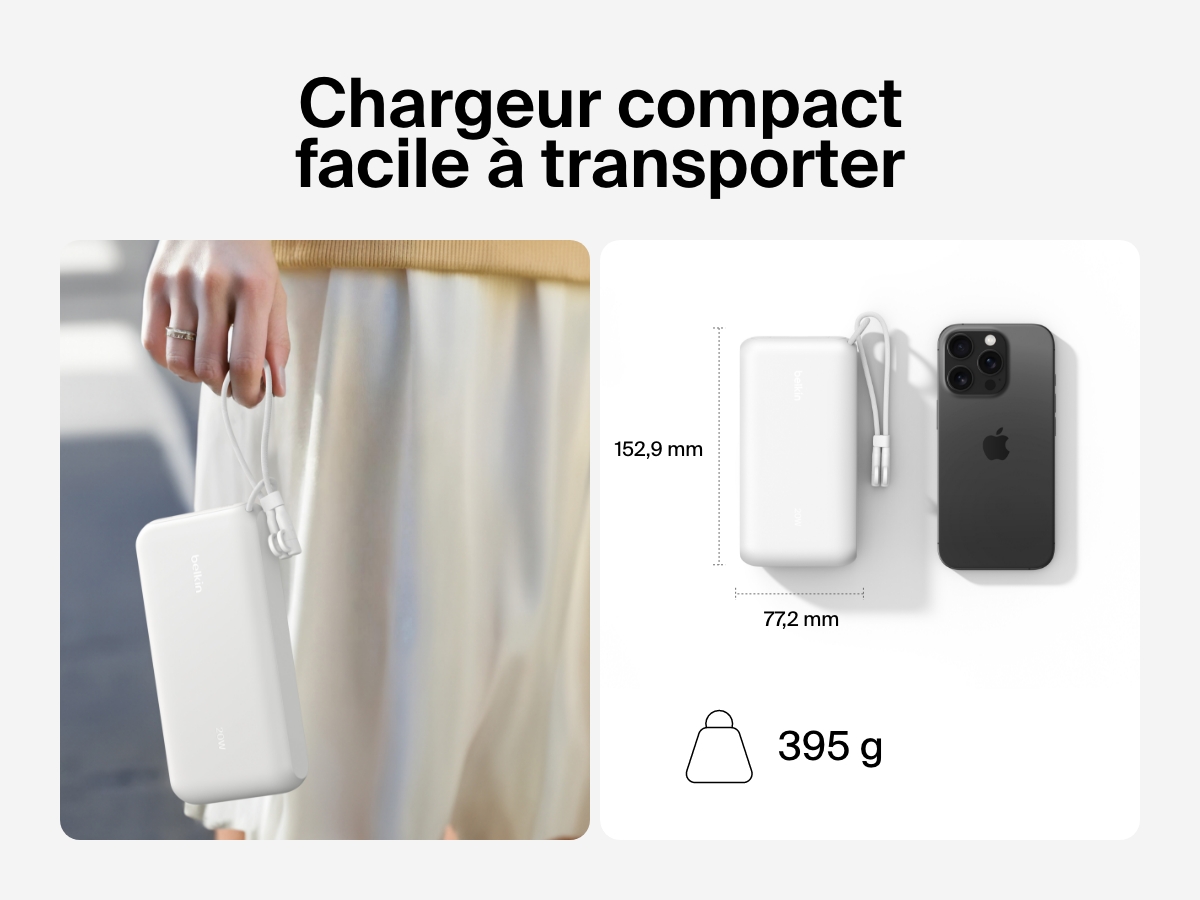Image d'une batterie externe 20K Belkin BoostCharge avec &eacute;cran int&eacute;gr&eacute; tenue dans une main  se trouvant &agrave; c&ocirc;t&eacute; d'un smartphone pour mettre en avant son design compact et portable avec des dimensions de 15,2&nbsp;cm x 7,7&nbsp;cm et un poids de 395&nbsp;g.