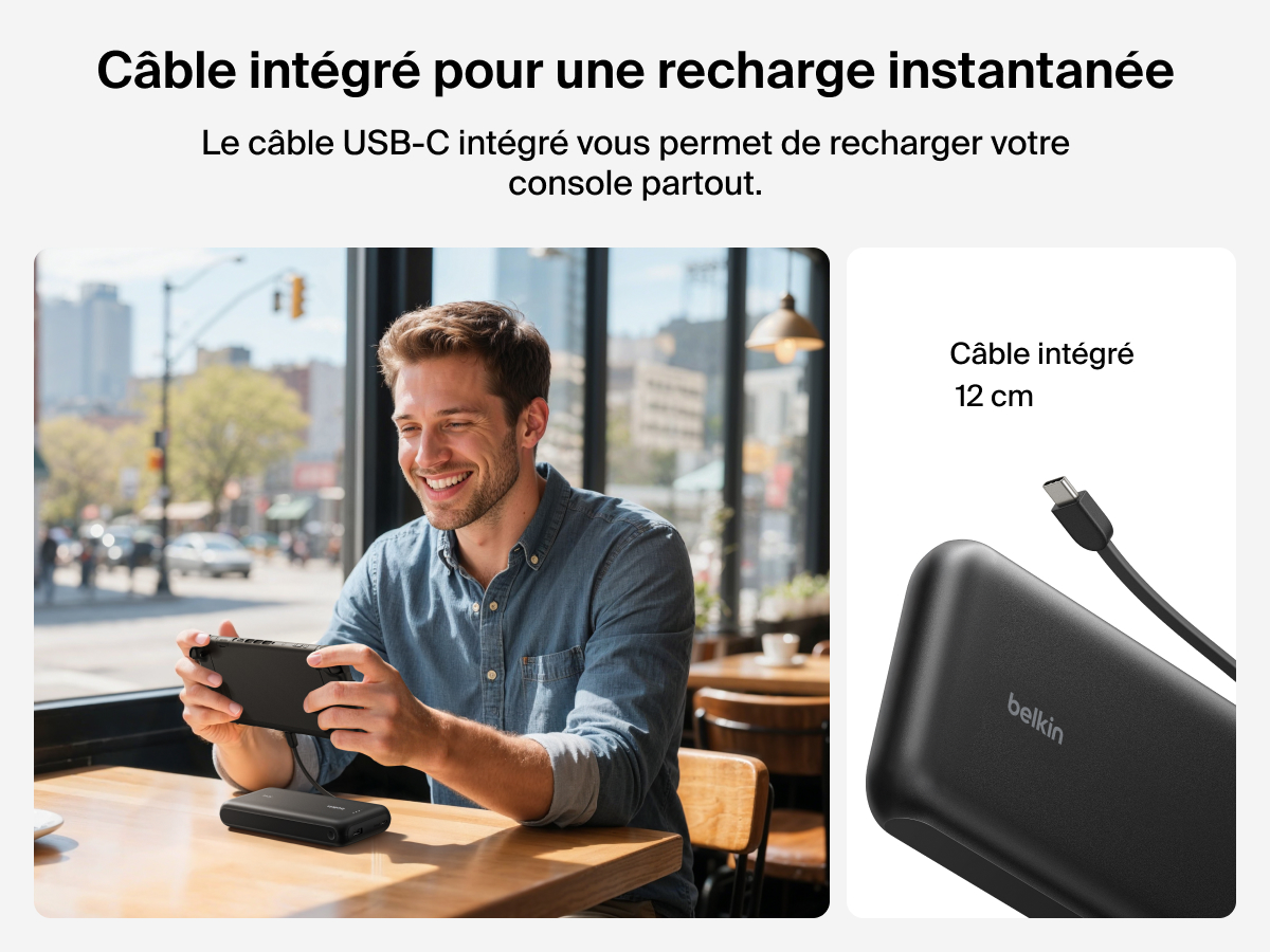 La batterie externe 20K Belkin Gaming (30&nbsp;W) pour Nintendo&nbsp;Switch&nbsp;2 est dot&eacute;e d'un c&acirc;ble USB-C int&eacute;gr&eacute; de 12&nbsp;cm pour une recharge instantan&eacute;e, o&ugrave; que vous soyez.