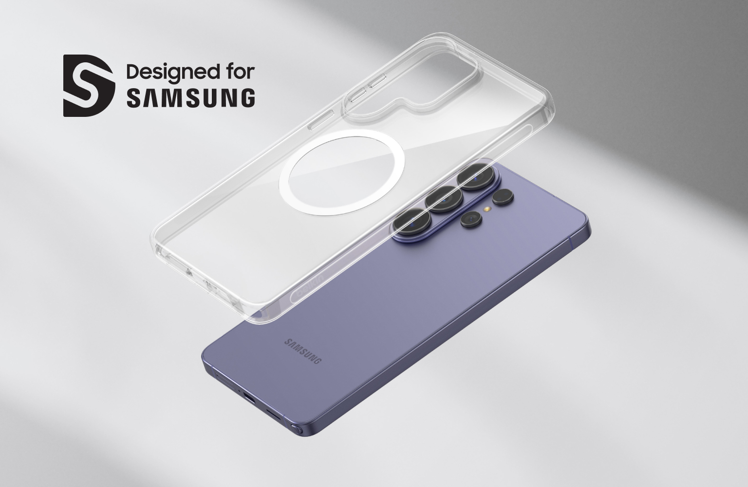 Image d'une coque de protection transparente flottant au-dessus d'un smartphone Samsung, mettant en avant sa d&eacute;coupe et son anneau de recharge magn&eacute;tique.