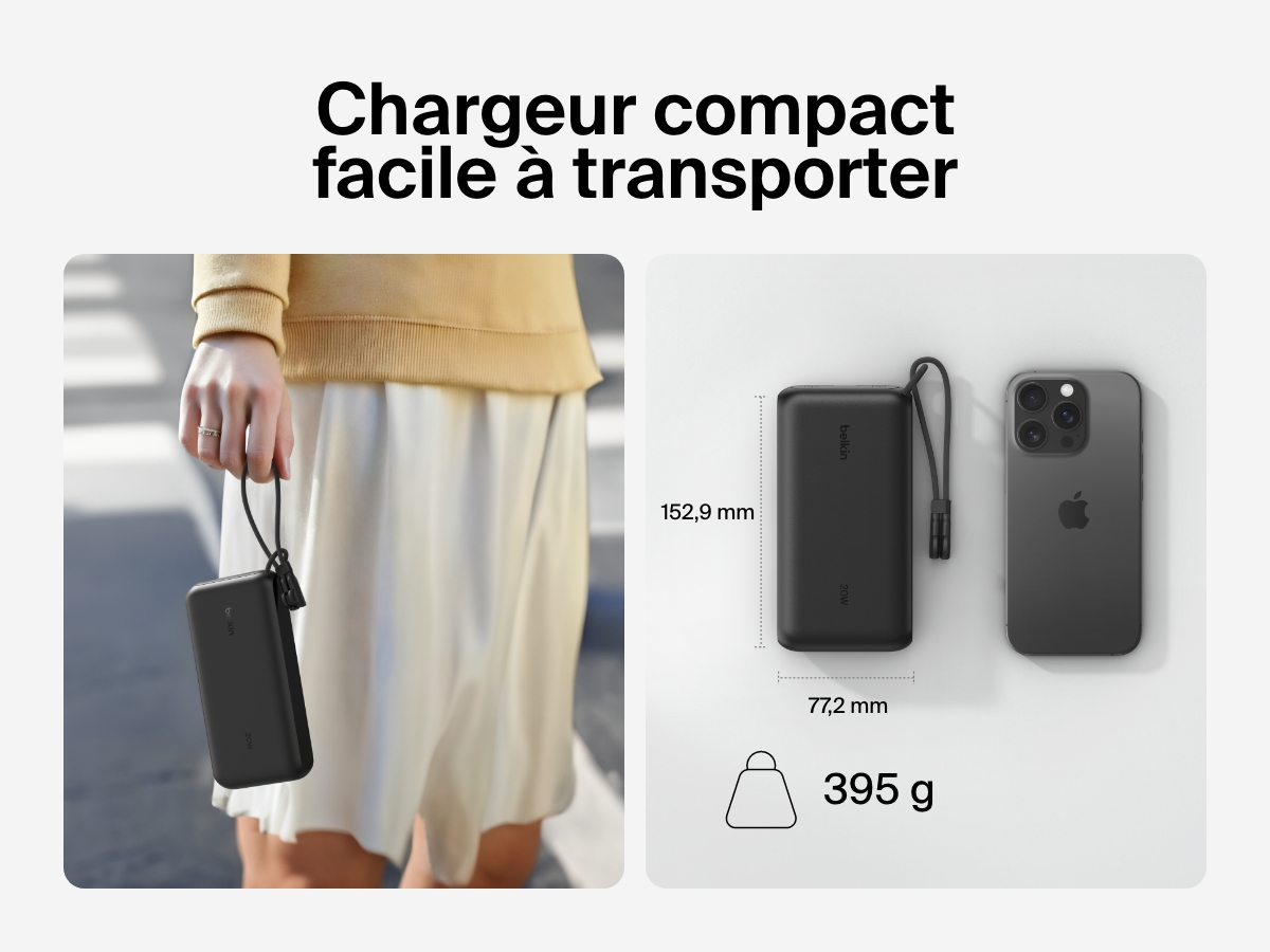 Image d'une batterie externe 20K Belkin BoostCharge avec &eacute;cran int&eacute;gr&eacute; tenue dans une main  se trouvant &agrave; c&ocirc;t&eacute; d'un smartphone pour mettre en avant son design compact et portable avec des dimensions de 15,2&nbsp;cm x 7,7&nbsp;cm et un poids de 395&nbsp;g.