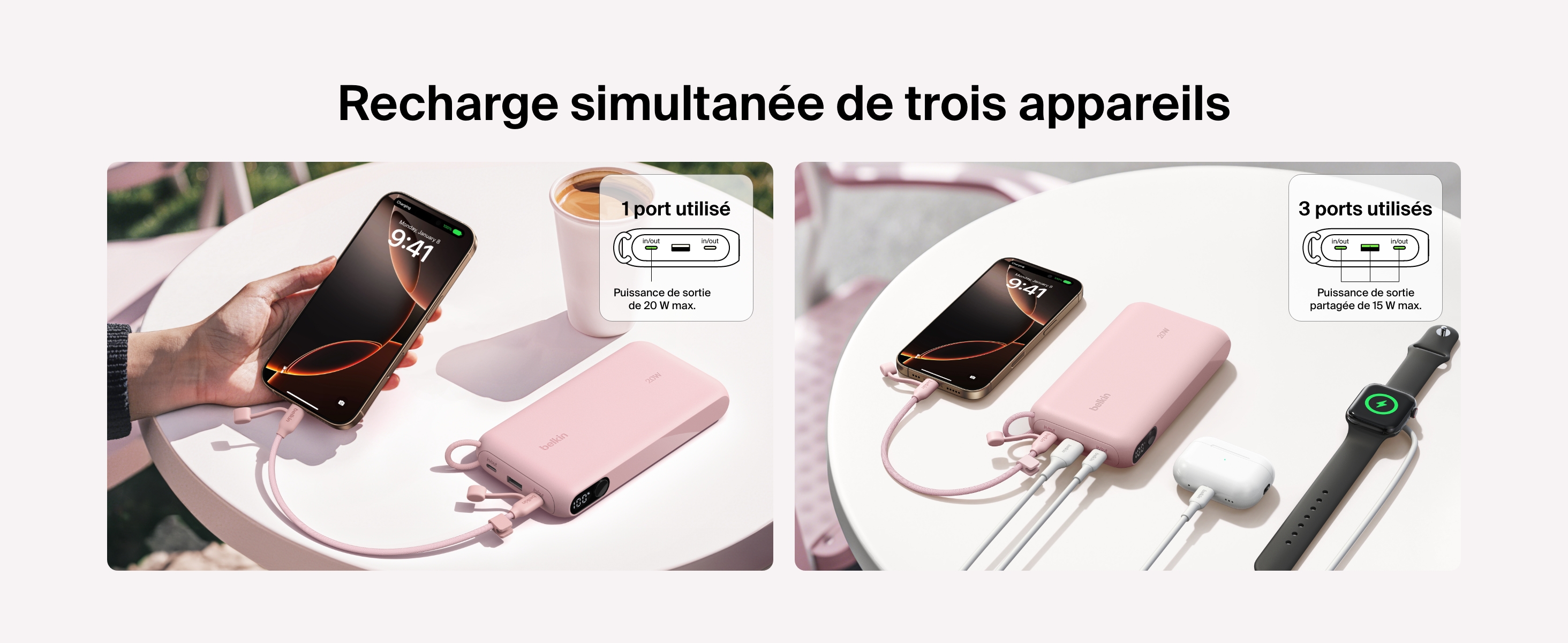 Image d'une batterie externe 20K Belkin BoostCharge avec &eacute;cran int&eacute;gr&eacute; en train de recharger trois&nbsp;appareils simultan&eacute;ment, et notamment un smartphone, des &eacute;couteurs sans fil et une montre connect&eacute;e. Avec une puissance de sortie de 20&nbsp;W max. par le biais d'un seul port, ou une puissance de sortie de 15&nbsp;W partag&eacute;e &agrave; travers ses trois&nbsp;ports.
