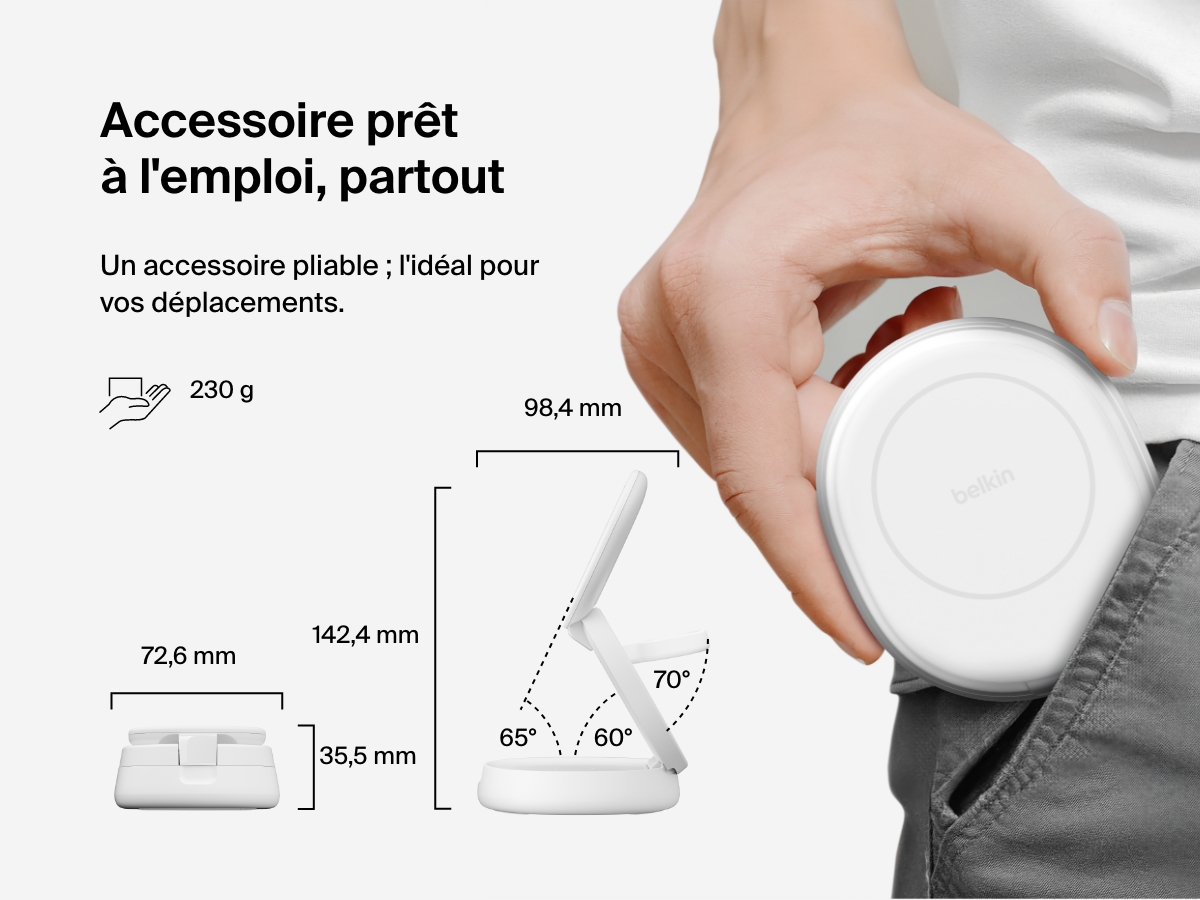 Image d'un socle de recharge 3-en-1 aimant&eacute; et compacte Belkin BoostCharge en position pli&eacute; pour mettre en avant son c&ocirc;t&eacute; transportable, sa taille adapt&eacute;e aux d&eacute;placements, son poids l&eacute;ger de 230&nbsp;g et ses angles d'affichage ajustables.