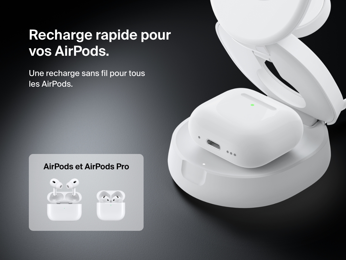 Image d'un socle de recharge 3-en-1 aimant&eacute; et compacte Belkin BoostCharge rechargeant des AirPods sans fil et qui met en avant sa compatibilit&eacute; avec tous les mod&egrave;les des AirPods et AirPods&nbsp;Pro.